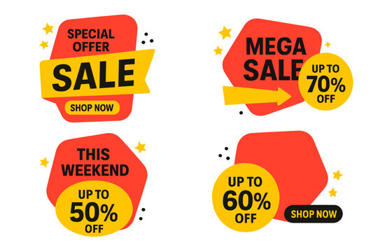 Sale banner collection. Special offer and discount tag set. Up to 50, 60, 70 percent off. Mega sale sticker for web promotion. This weekend only. Shop now button. Vector.