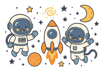 Cute astronaut explorers and rocket in playful cosmic scene. Kids space adventure with planets and stars. Vector cartoon illustration set with fun galaxy characters and moon.
