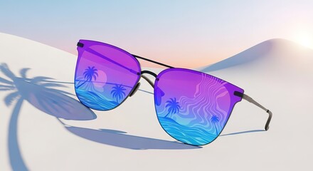Sunglasses Reflecting a Tropical Beach Scene with Palm Tree Shadow.