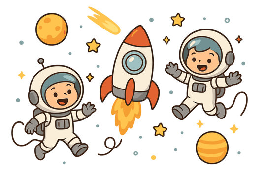 A cute cartoon astronaut kid explorers in a playful cosmic scene. Space adventure set with rocket, planets, stars, and comet. Vector illustration collection for children.