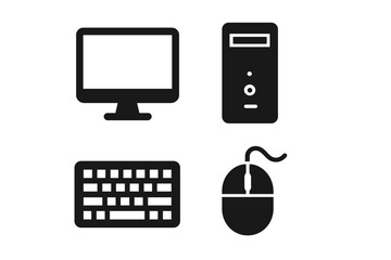 Computer hardware icons including desktop monitor, CPU tower, keyboard, and wired mouse vector illustration set with transparent background, technology device symbols for digital and IT design