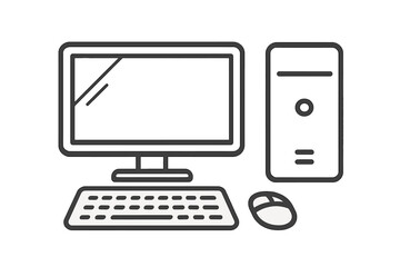 Computer desktop with monitor, keyboard, mouse, and tower CPU icon set. Simple black line illustration of PC hardware components, technology workspace vector, transparent background.
