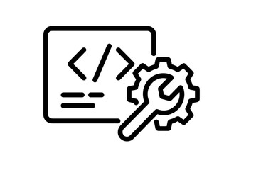 Vector coding icon with wrench and gear symbol, software development, programming tool, web design, coding settings, developer symbol, technical support, digital technology