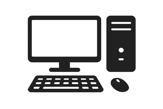 Vector server icon with transparent background, flat style computer desktop setup illustration, includes monitor, keyboard, mouse, and CPU tower silhouette, technology hardware concept