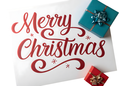Merry christmas text with gift boxes isolated on transparent background - Powered by Adobe