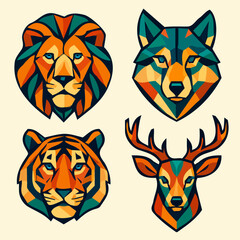 Animal Head Emblems Lion Wolf Tiger Deer Modern Badge Set