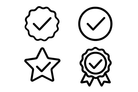 Verified badge icon set. Check mark line symbols. Approved profile sign. Quality certificate and guarantee checkmark. Award rosette and star. Authentication and validation.