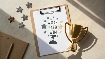 Naklejka premium Motivational Quote on Clipboard with Golden Trophy and Stars on Table in Bright Natural Light for Inspiration and Achievement