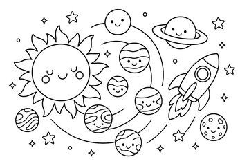 Kawaii space coloring page with cute solar system. Cartoon sun, planets, rocket ship, and stars. Kids educational astronomy activity sheet. Fun black and white doodle vector.
