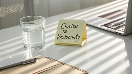 Inspiring Workspace Scene with Notepad, Glass of Water, and Laptop Promoting Clarity and Productivity in Daily Tasks
