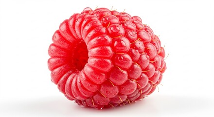 Fresh juicy red raspberry brightly lit showcasing its natural bumpy texture against a crisp white backdrop. AI Generated