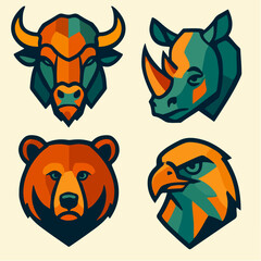 Animal Head Badges Bison Rhino Bear Eagle Rugged Mascot Set