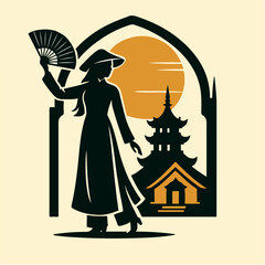 Elegant Geisha With Fan Under Arch And Pagoda Dramatic Silhouette