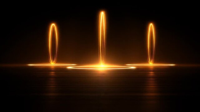 Three glowing orange rings on a reflective plane against a dark, stark background