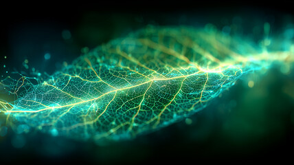 Close view of a leaf rendered as an electric network, expressing bio inspired technology sustainable energy flows and the intelligence of natural systems.
