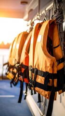 Hanging orange life vests