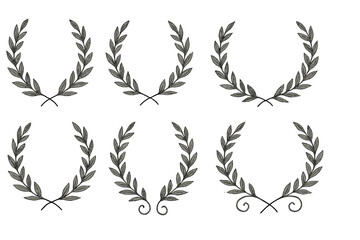 Black Laurel Wreaths Collection. Hand drawn vector set of laurel frames, branches, vintage laurel wreaths, decorative award elements, ornate leaves, swirls, classic victory symbols, elegant icons.