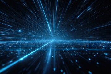 Abstract blue digital landscape with glowing lines and particles, suggesting speed and depth