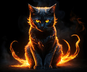 Fiery black cat glowing with flames, fantasy digital art style