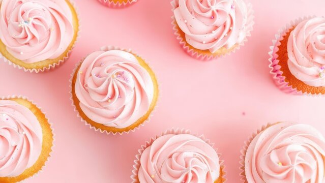 Delicious Pink Frosted Cupcakes Arranged on a Pink Background.