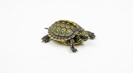 Obraz premium Small vibrant turtle with green yellow shell slowly moves on a clean white background illuminated by soft light. AI Generated