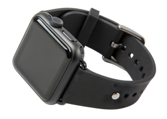 Black smartwatch with leather strap isolated on transparent background