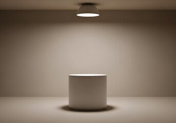 Fototapeta premium Empty pedestal under spotlight in neutral room ready for display showcase presentation