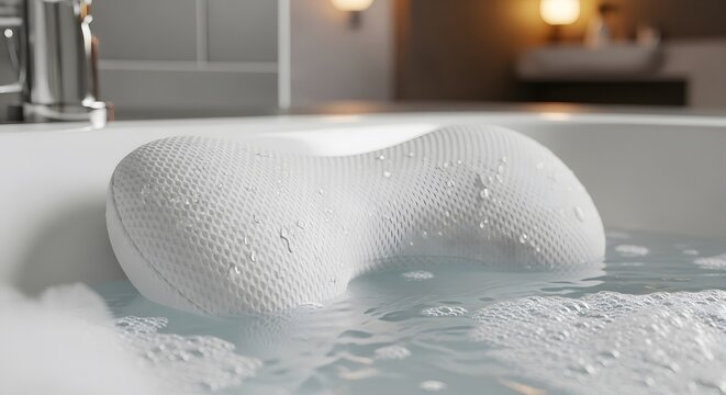 Luxurious white bath pillow offering ergonomic support for ultimate relaxation and comfort during a serene, bubbly soak in a modern bathtub