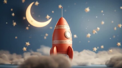 Whimsical red rocket prepares for launch amidst fluffy clouds under a starry, crescent moonlit sky