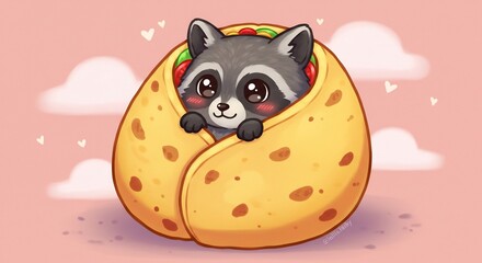 Fototapeta premium Adorable baby raccoon lovingly snuggled in a warm tortilla wrap with charming kawaii style big eyes on a soft pink background. AI Generated