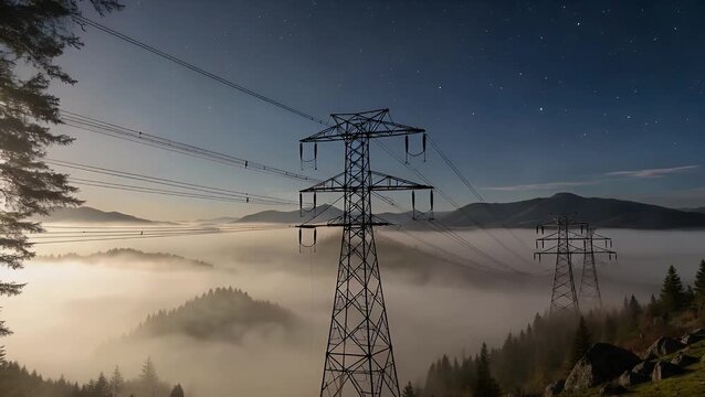 nocturnal scene of fog-enveloped lowland area with structures for transmitting electrical power
