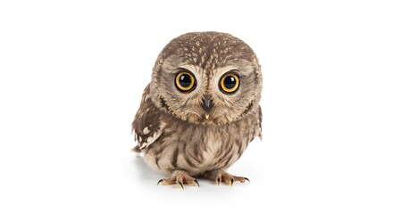 Obraz premium Adorable fluffy owlet with huge golden eyes gazes intently forward on a bright clean white background. AI Generated