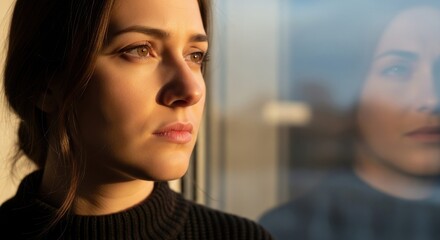 Fototapeta premium A young woman with thoughtful eyes looks out a window, her reflection visible in the glass.