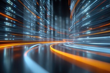 Abstract digital pathways, glowing blue and orange light trails against a dark background