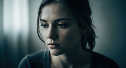 Fototapeta premium A close-up portrait of a young woman with a pensive expression, her gaze directed downwards, illuminated by soft, ambient light.