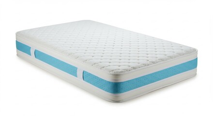 Stylish white mattress with vibrant blue side bands offers serene sleep comfort captured with bright studio clarity. AI Generated