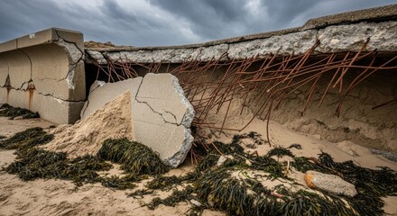Damaged concrete structure with exposed rebar and seaweed debris on sandy beach