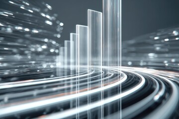 Futuristic image showing abstract data visualization of data streams & glowing growth bars