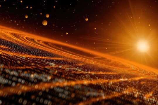 Abstract depiction of a sunburst radiating light, planet with ring system, and distant celestial bodies - Powered by Adobe