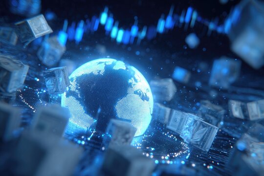 An Earth globe surrounded by floating ice cubes with money and a digital data graph in the background