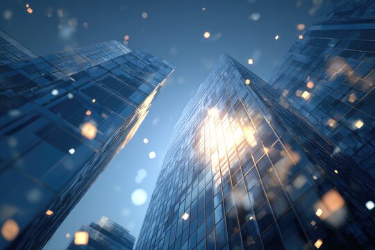 Gleaming skyscrapers rise towards a clear blue sky, with light reflections and floating particles
