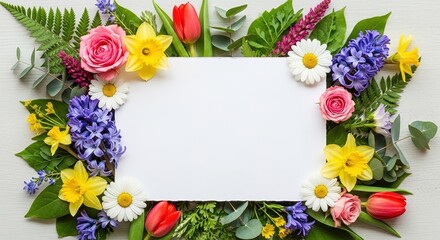 Vibrant floral frame with roses, tulips, daffodils, and hyacinth