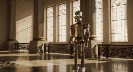 A golden robot stands in the middle of a grand hall with large windows, sunlight streaming in, creating a sense of timeless elegance