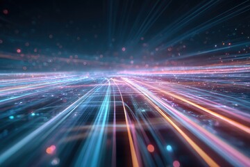 Abstract rendering of glowing light streams forming a digital network across a blurred backdrop