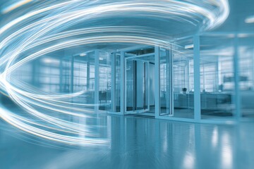 Abstract blue-toned shot of a modern office with swirling light trails and glass walls