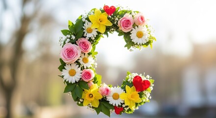 Vibrant floral letter C made of colorful spring flowers and green leaves.