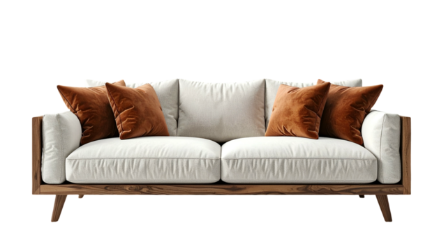 Stylish, modern sofa featuring a wooden frame and soft white cushions, accentuated by inviting brown velvet throw pillows.