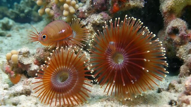 Filigree Beauty of Red Fanworm Protula Bispiralis with Spiraling Branchial Radioli in Marine Environment