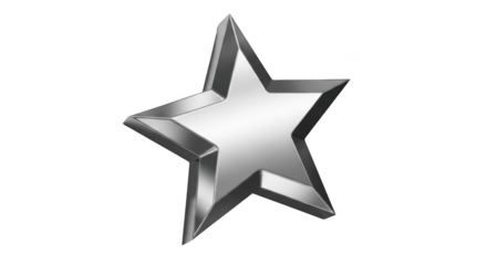 A single metallic five pointed star with a glossy finish isolated on transparent background
