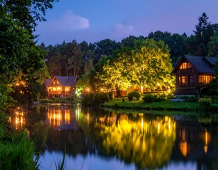 Evening Lakeside Cabin Homes with Lights.